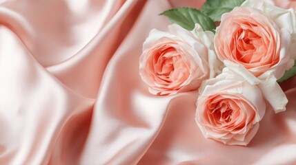 Delicate roses in shades of peach and cream placed on flowing satin fabric create an elegant arrangement. This setting evokes a serene atmosphere ideal for a spring event.