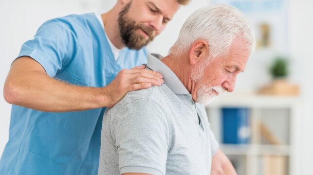 A healthcare professional offers support to an elderly man during a physical therapy session in a welcoming clinic environment. The focus is on rehabilitation and care.
