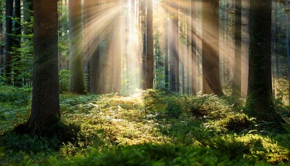 Naklejka premium enchanted forest scene with magical light beams nature photography ethereal atmosphere close up view dreamlike concept