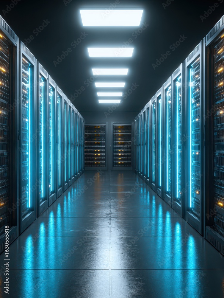 Poster rows of server racks in a data center with bright blue lights