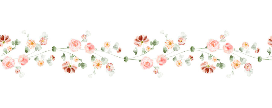 Horizontal seamless border with pink flowers and herbs. Watercolor floral art for greeting cards, stationery, banners, wedding decor, wrapping paper, and botanical designs.