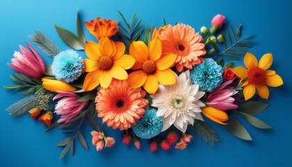 vibrant floral arrangement on blue background digital art nature bright environment artistic perspective