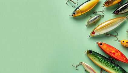 Assorted fishing lures on mint-green backdrop