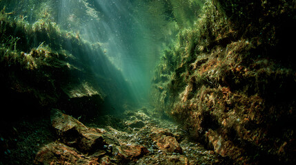 An underwater canyon with gently shimmering algae