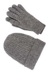 Woolen gray hat and gloves isolated on white background. Top view.