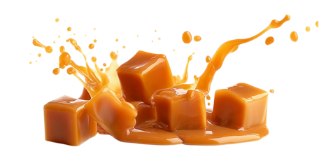Delicious caramel candies splashing transparent background, png