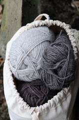 Woolen yarn in a bag on a background of trees.