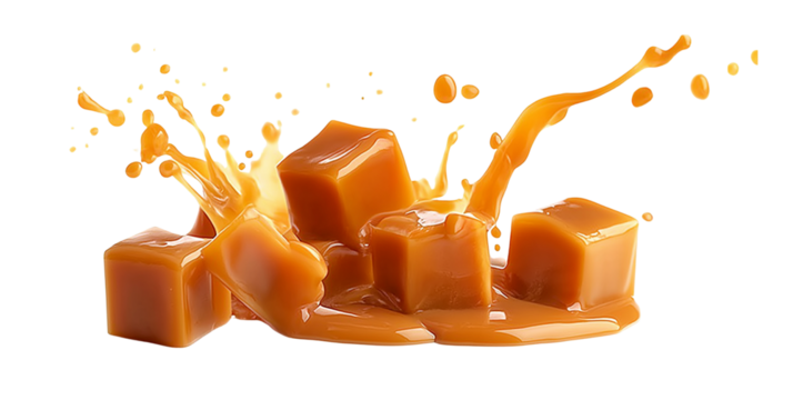Delicious caramel candies splashing transparent background, png