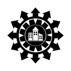 Abstract Circular Design with Futuristic Building Silhouette and Arrow Spokes