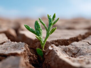 Conceptual image: A seedling growing out of cracked dry earth, symbolizing resilience and regeneration. Climate impact, hope. Stark, powerful.
