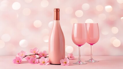 Elegant pink bottle and glasses with delicate blossoms, perfect for celebrations and romantic occasions