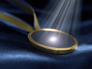 Conceptual image: A medal with a glowing central light, representing the pursuit of excellence. Honor, striving. Symbolic, luminous.