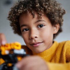 Close-up of a child enthusiastically learning about robotics with a coding kit, early STEM education. Curiosity, future skills.