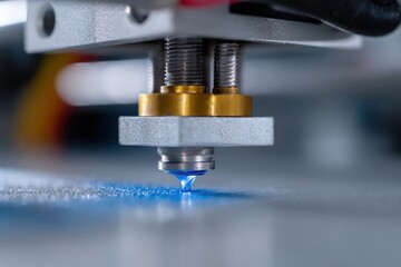 Close-up of a 3D printer creating a product from recycled ocean plastic, sustainable manufacturing. Eco-friendly, innovation. Clean, precise.