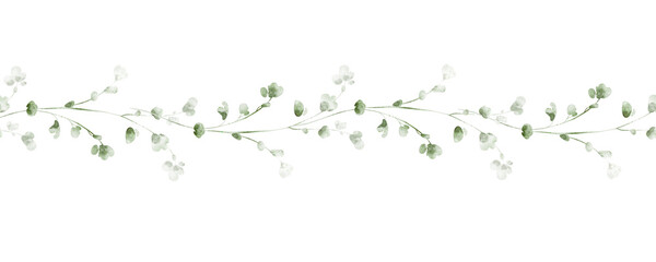 Watercolor seamless border with green plant branches. Transparent background. Perfect for banner, wallpaper, invitation, template, greeting card, and decorative design projects. © Elena