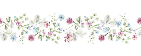 Seamless horizontal floral border with small wild flowers in watercolor style. Colorful pattern for wedding stationery, banner, invitation, template, print, frame, textile, greeting card.