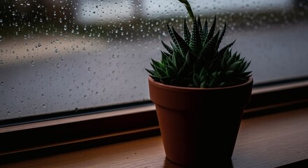 A potted succulent plant sits on a wooden windowsill, rain outside the window.