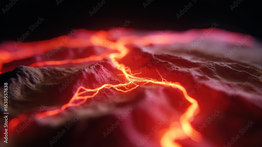 Poster abstract background: flowing luminous threads forming a dynamic map of affected areas and relief eff