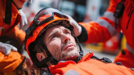 Emergency responders in bright uniforms provide medical assistance to a distressed person lying on the ground during a training exercise. The focus is on teamwork and urgency.