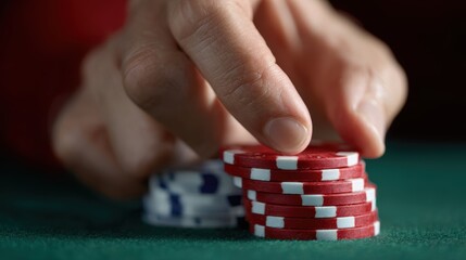 Hands counting physical casino chips, traditional gambling. Tactile, classic. Smooth, strategic.