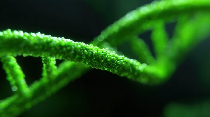 Abstract background: Flowing lines of light forming a dynamic DNA helix, representing the link between genetics and diet. Nutrigenomics, personalized health. Green, intricate.