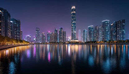 Fototapeta premium A stunning nighttime view of a vibrant city skyline illuminated by glowing windows and streetlights creating a captivating urban atmosphere