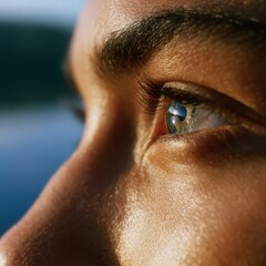 Close-up of a person is eye reflecting a peaceful natural landscape, stress reduction through visual imagery. Calm, serenity. Reflective, clear.