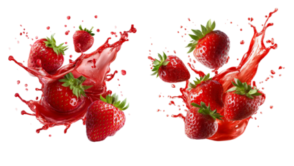 Delicious strawberries juice splash on transparent background, cutout 