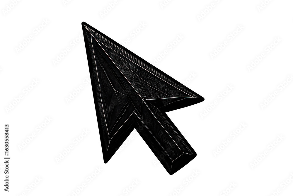 Poster angled cursor arrow with textured, dark surface casting geometric shadows, representing digital inte