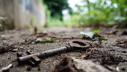 Rusty key on a weathered path