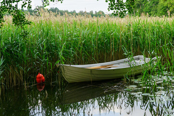 Rowboat Moored in Reeds on Calm Lake with Reflections and Red Buoy in Peaceful Nature Landscape