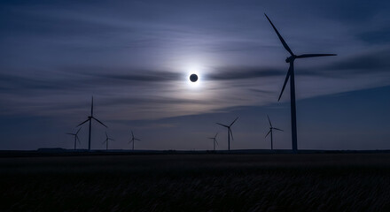 Obraz premium A breathtaking solar eclipse illuminates a silhouetted wind turbine farm generating sustainable energy.