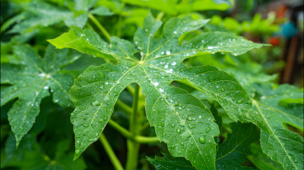 Close-up of green papaya leaves with raindrops in a tropical garden.