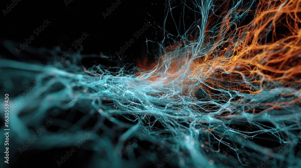 Poster dynamic interplay of orange and blue light strands in an abstract digital landscape created with int