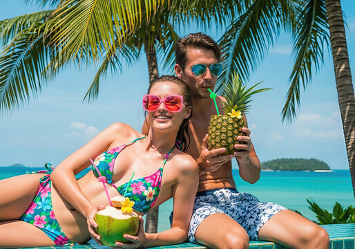 Couple with tropical drinks relaxing by pool at resort. A vibrant, fun image of summer relaxation. Island lifestyle, vacation vibes, honeymoon destination.