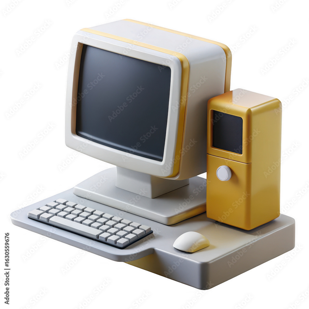 Fototapete retro beige computer system with monitor keyboard and mouse isolated on transparent background