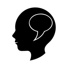 Silhouette of human head with speech bubble inside representing communication and thoughts