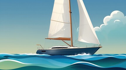 Fototapeta premium A sailboat with white sails sailing across a calm sea under a clear sky