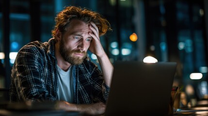 A man with disheveled hair and a beard sits at a desk late at night, visibly stressed as he stares at his laptop screen in a modern office setting lit by ambient lights.