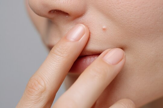 Close-up of a hand squeezing a whitehead on facial skin.