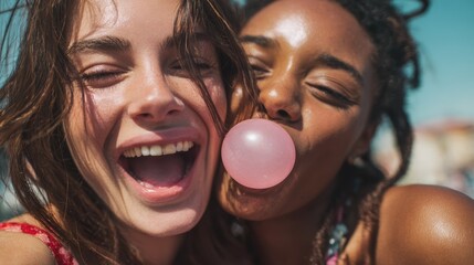 young latin woman laughing while friend inflating bubble gum closeup face of multiethnic friends enjoying outdoor street brazilian girl laughing and blowing chewing gum with friend embracing her no l
