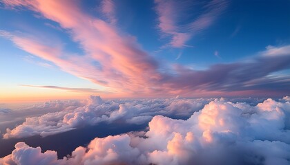 an ethereal cloudscape with towering cumulonimbus clouds and soft pastel sunset colors creating a dreamy sky atmosphere from a high altitude perspective