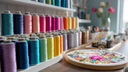 Colorful embroidery threads and floral hoop in cozy craft room for creative inspiration,National Sewing Month