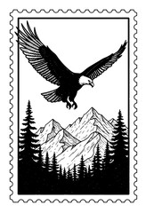 Vintage Black and White Stamp Featuring a Bald Eagle Soaring Over Mountain Peaks and Dense Pine Forest