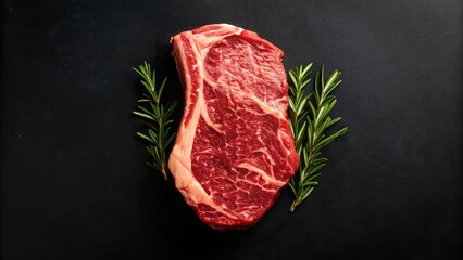 Savor the exquisite marbling of a premium raw ribeye steak adorned with fresh rosemary sprigs on a dark slate background