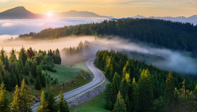 fog envelops a winding road carved through dense pine trees in a serene mountain landscape at dawn