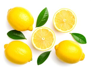 Fresh lemons and leaves on a white background