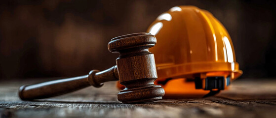 Legal gavel and construction helmet on the table. Useful in articles about construction, law, construction site safety and legal aspects of construction.