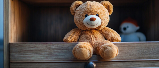 Cozy teddy bear sitting on the edge of a wooden shelf in the room. Children's rooms, interiors, toy advertising.