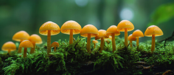 Bright yellow mushrooms on green moss in the forest. Forest ecosystem, nature, mushroom season, macrophotography. Nature blog, articles about mushrooms, educational materials on ecology.